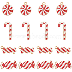 40Pcs 4 Style Christmas Themed Light Gold Plated Alloy Pendants, with Enamel, Candy Cane & Candy & Flat Round with Vortex, Mixed Color, 18~25x10~15x1.3~2mm, Hole: 1.4~2mm, 10pcs/style(ENAM-SC0003-65)