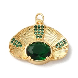 Rack Plating Brass Micro Pave Cubic Zirconia Pendants, with Glass crystal, Long-Lasting Plated, Lead Free & Cadmium Free, Fan, with Jump Ring, Dark Green, 17.5x22.5x5mm, Hole: 3mm(KK-U022-14G-02)