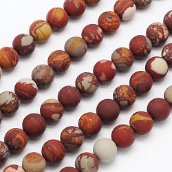 Frosted Round Natural Red Picture Jasper Beads Strands, 6mm, Hole: 1mm, about 65pcs/strand, 15.3 inch(G-N0166-70-6mm)
