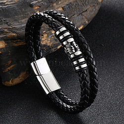 Stainless Steel Skull Beaded Leather Double Layer Multi-strand Bracelet, Gothic Bracelet with Magnetic Clasp for Men, Black, 7-3/4 inch(19.6cm)(SKUL-PW0004-26A-01)