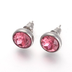 304 Stainless Steel Stud Earrings, with Rhinestone, Flat Round, Rose, 10x6mm, Pin: 0.9mm(EJEW-F182-A03)