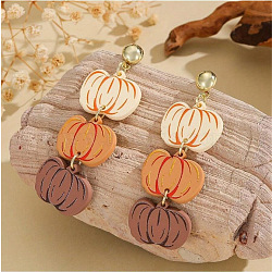 Thanksgiving Day Pumpkin Acrylic Glitter Powder Dangle Stud Earrings, Golden, 70x23mm(FS-WGE72CC-01)