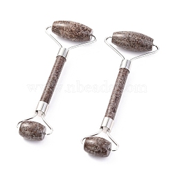 Natural Snowflake Obsidian Brass Face Massager, Facial Rollers, Platinum, 142~150x54~58x19~22mm(MRMJ-G009-39P)