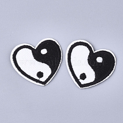 Feng Shui Computerized Embroidery Cloth Iron On Patches, Costume Accessories, Appliques, Heart with Yin Yang, Black & White, 30x34x1mm(FIND-T030-098)