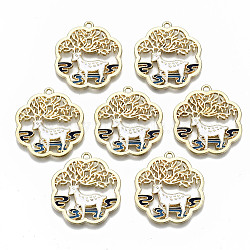 Chinese Style Alloy Pendants, with Enamel, Flower with Deer, Cadmium Free & Lead Free, White, Light Gold, 29x27x1.5mm, Hole: 1.8mm(X-RESI-R431-14-RS)
