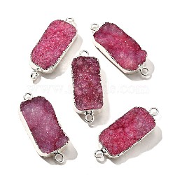 Natural Dyed Quartz Crystal Links Connector Charms, with Brass Findings, Rectangle, Silver Color Plated, Cerise, 29.5~41x14.5~15.5x6.5~9.5mm, Hole: 2.5mm(G-K189-02S-04)