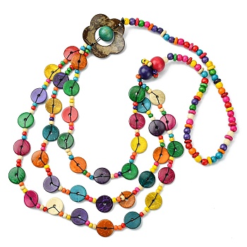 Colorful Dyed Natural Coconut Beaded Bib Necklaces, Bohemian Jewelry for Women, Flat Round, 45.04 inch(114.4cm)