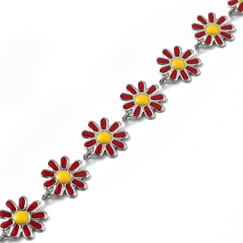 304 Stainless Steel Flower Link Chains, with Enamel, Soldered, with Spool, Red, 10x1~2mm