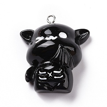 Opaque Resin Pendants, Cat Charms, with Platinum Tone Iron Loops, Black, 32.5x28x13mm, Hole: 2mm