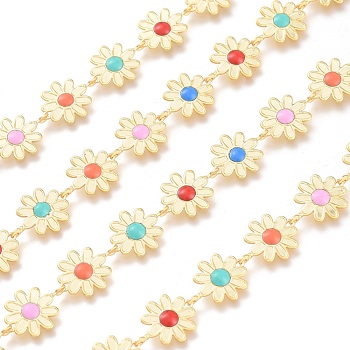 Brass Enamel Flower Link Chains, with Spool, Long-Lasting Plated, Unwelded, Colorful, Real 18K Gold Plated, Flower: 13.5x10x2.5mm, about 32.8 Feet(10m)/roll