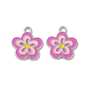 Alloy Enamel Pendants, Lead Free and Cadmium Free, Flower, Great For Mother's Day Gift Making, Pink, Platinum, about 22mm long, 20mm wide, 2.5mm thick, hole: 2.5mm