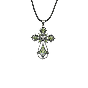 Cross Zinc Alloy Pendant Necklace, with Rhinestone, Olivine, 19.69 inch(50cm)
