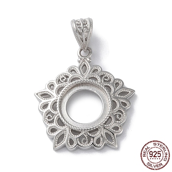 Rhodium Plated Rack Plating 925 Sterling Silver Pendants Cabochon Settings, Flower, with 925 Stamp, Real Platinum Plated, 24.5x17.5x2mm, Hole: 4x5mm