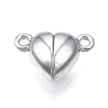 Brass Magnetic Clasps with Loops, Nickel Free, Heart, Platinum, 9.5x15x6mm, Hole: 1.5mm