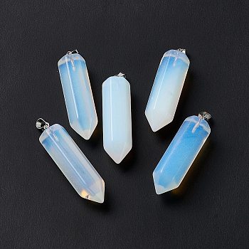 Opalite Double Terminated Pointed Pendants, with Platinum Tone Brass Findings, Bullet, 39x10x10mm, Hole: 3x6mm
