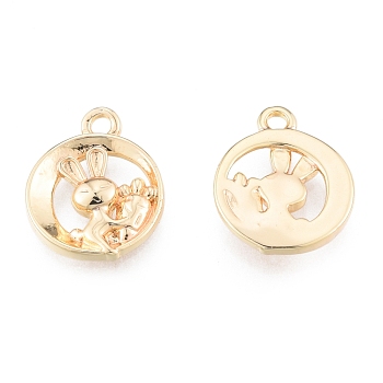 Brass Charms, Cadmium Free & Nickel Free & Lead Free, Hollow, Flat Round with Rabbit, Real 18K Gold Plated, 14.5x12x2mm, Hole: 1.6mm