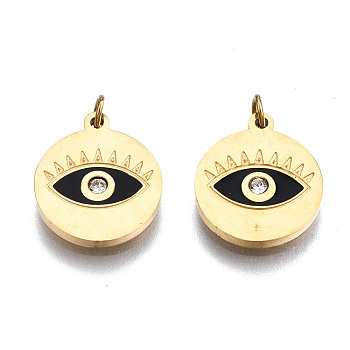 316 Surgical Stainless Steel Enamel Charms, with Jump Rings and Crystal Rhinestone, Real 14K Gold Plated, Flat Round with Eye, Black, 11.5x10x1mm, Jump Ring: 2.7x0.4m, 1.9mm inner diameter