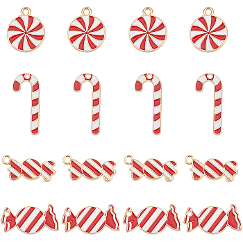 40Pcs 4 Style Christmas Themed Light Gold Plated Alloy Pendants, with Enamel, Candy Cane & Candy & Flat Round with Vortex, Mixed Color, 18~25x10~15x1.3~2mm, Hole: 1.4~2mm, 10pcs/style