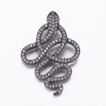 Brass Micro Pave Cubic Zirconia Pendants, Snake, Gunmetal, 35x24x2.5mm, Hole: 2x3mm
