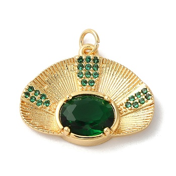 Rack Plating Brass Micro Pave Cubic Zirconia Pendants, with Glass crystal, Long-Lasting Plated, Lead Free & Cadmium Free, Fan, with Jump Ring, Dark Green, 17.5x22.5x5mm, Hole: 3mm