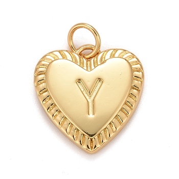 Rack Plating Real 18K Gold Plated Brass Pendants, with Jump Rings, Long-Lasting Plated, Lead Free & Cadmium Free & Nickel Free, Heart with Letter A~Z, Letter.Y, 16x15x2.5mm, Jump Ring: 5x0.5mm, 3mm Inner Diameter