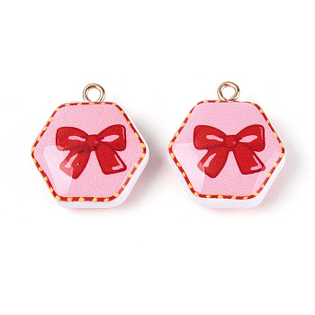 Printed Acrylic Pendants, Hexagon & Bowknot Charms, with Brass Finding, Pink, 22~22.5x20x8~8.5mm, Hole: 2mm