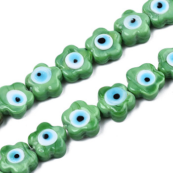Handmade Evil Eye Lampwork Beads Strands, Flower, Medium Sea Green, 11x12x6mm, Hole: 1.6mm, about 33pcs/strand, 14.57 inch(37cm)