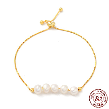 925 Sterling Silver Slider Bracelets, with Natural Pearl Round Beaded, with S925 Stamp, Real 18K Gold Plated, 8-5/8 inch(22cm)