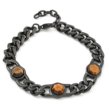 304 Stainless Steel & Natural Tiger Eye Polygon Link Bracelets for Women, Gunmetal, 7-1/2 inch(19cm)