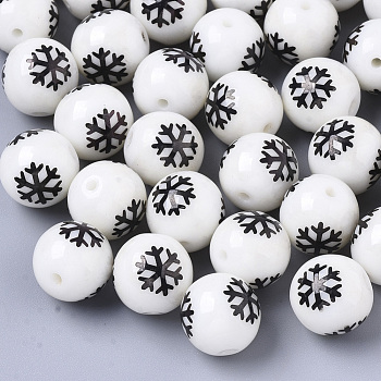 Christmas Opaque Glass Beads, Round with Electroplate Snowflake Pattern, Gunmetal Plated, 10mm, Hole: 1.2mm