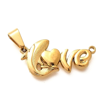 201 Stainless Steel Pendants, Word Love Charm, Ion Plating(IP), Golden, 14.5x28.5x2.5mm, Hole: 8x4mm