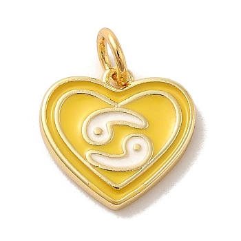 Real 18K Gold Plated Brass Enamel Pendants, with Jump Ring, Heart with Constellation Charm, Cancer, 12x13x1.5mm, Hole: 3.4mm