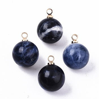 Natural Sodalite Charms, with Golden Plated Brass Loops, Round, 14x10.5mm, Hole: 1.5mm