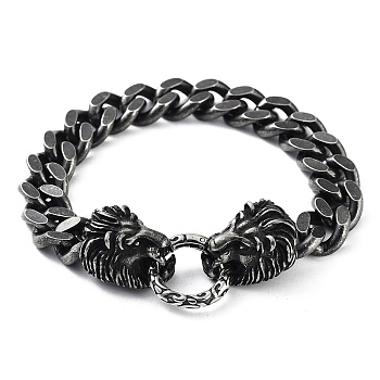 304 Stainless Steel Cuban Link Chains Bracelets, Lion Head Design for Men, Gunmetal, 8-3/4 inch(22.2cm)