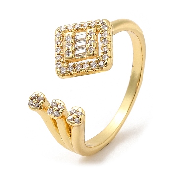 Rack Plating Brass Rhombus Open Cuff Rings with Cubic Zirconia, Lead Free & Cadmium Free, Real 18K Gold Plated, US Size 7 1/4(17.5mm)