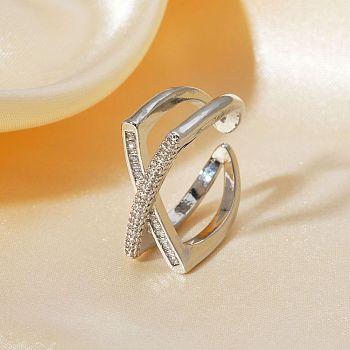 Hip-hop Style X-shaped Brass Micro Pave Clear Cubic Zirconia Cuff Rings for Women, Silver, Inner Diameter: 24mm