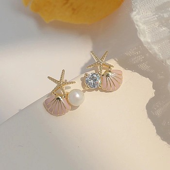 Alloy Enamel Shell Shape Stud Earrings, with Rhinestone & Imitation Pearl, Golden, Pink, 10x10mm