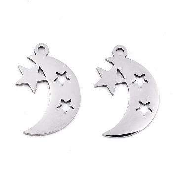 201 Stainless Steel Pendants, Laser Cut, Hollow, Moon with Star, Stainless Steel Color, 22x14.5x0.9mm, Hole: 1.6mm