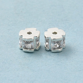 Rack Plating Brass Cubic Zirconia Beads, Long-Lasting Plated, Lead Free & Cadmium Free, Column withn Flower, Silver, 5.5x4.5mm, Hole: 1mm