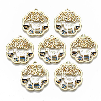 Chinese Style Alloy Pendants, with Enamel, Flower with Deer, Cadmium Free & Lead Free, White, Light Gold, 29x27x1.5mm, Hole: 1.8mm