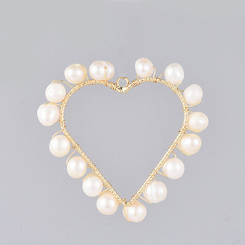 Natural Cultured Freshwater Pearl Pendants, Wire Wrapped Pendants, with Alloy Findings, Heart, Golden, 38x39x5~6mm, Hole: 1.8mm