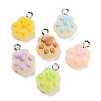 Opaque Resin Pendants, Imitation Jelly, Cat Paw Print Charms with Platinum Plated Iron Loops, Mixed Color, 15.5x12.5x5mm, Hole: 2mm