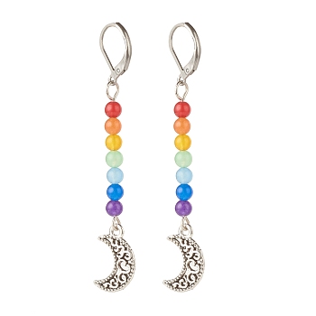 Natural Malaysia Jade with Alloy Moon Long Dangle Leverback Earrings, 7 Chakra Gemstone Jewelry for Women, Antique Silver, 67.5mm, Pin: 0.6mm