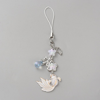 Fish Alloy Acrylic Mobile Straps, Mobile Accessories Decoration, Antique Silver & Platinum, White, 133mm