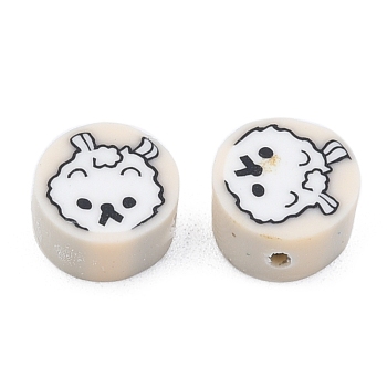Handmade Polymer Clay Beads, Flat Round with Dog Pattern, Blanched Almond, 9x5mm, Hole: 1.5mm