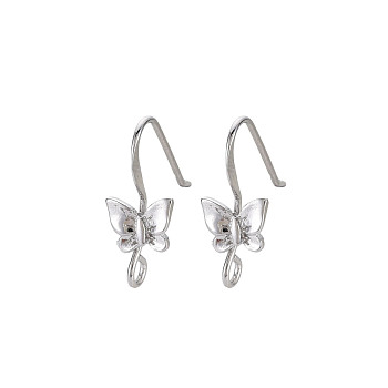 Brass Earring Hooks, Ear Wire, with Horizontal Loop, Nickel Free, Butterfly, Real Platinum Plated, 20x8mm, Hole: 2.5mm, 22 Gauge, Pin: 0.6mm