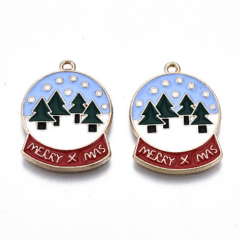 Eco-Friendly Alloy Enamel Pendants, Cadmium Free & Lead Free & Nickel Free, Crystal Ball with Word Merry Christmas, Light Gold, Colorful, 23x17x1.2mm, Hole: 1.4mm