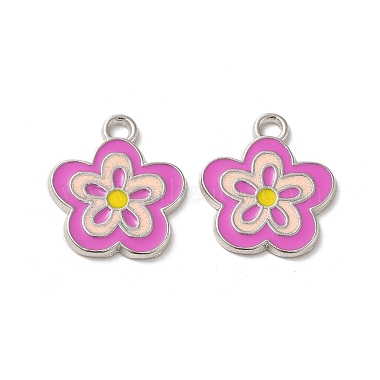 Platinum Pink Flower Alloy + Enamel Pendants