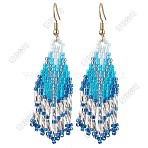 3 Pairs 304 Stainless Steel Glass Seed Beads Tassel Dangle Earrings, Golden, Deep Sky Blue, 68x30mm(EJEW-FS00070)