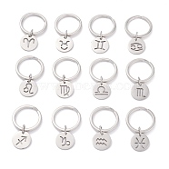 304 Stainless Steel Keychain, with 201 Stainless Steel Pendants, Flat Round with Constellations Pattern, Hollow, 12 Constellations, 4.35cm(STAS-C027-02P)